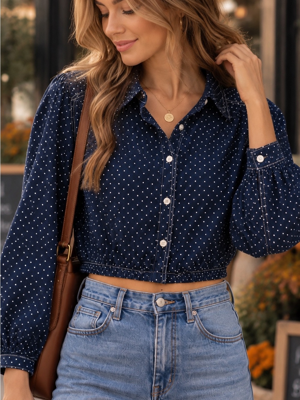 Zara Premium Denim Collection Cropped Polka Dot Shirt — Size Large